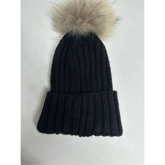 Moncler Wool Blend Beanie Hat Black Fur Pompon Logo One Size Adult - Picture 4 of 6
